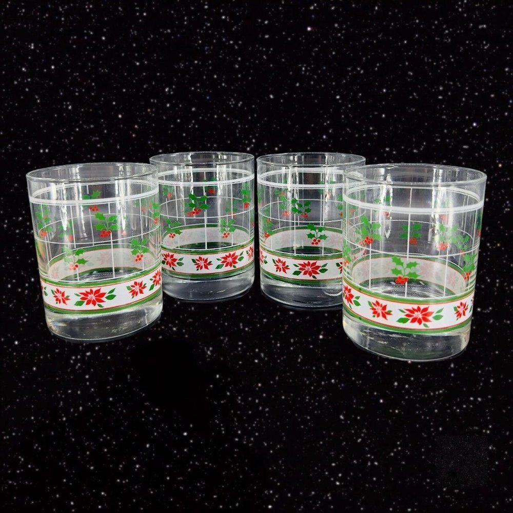 Libbey Poinsettia Christmas Holly Berry Old Fashion‎ Drinking Glasses Set 4 VTG